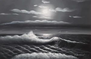 Ocean Wave - B/W #4DBS-7, 24x36, 100% Hand Painted Oil Painting on Canvas, - Picture 1 of 6