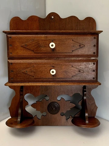 Vintage Wood Primitive Hanging Antique Cabinet 2-Drawer Starburst Embossed Stamp Cover