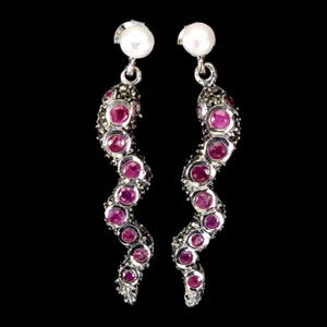925 Sterling Silver Earrings Round Ruby Pearl Marcasite Cobra Gemstone Jewelry - Picture 1 of 9