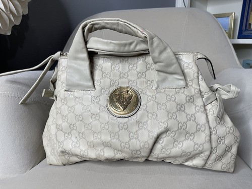 GUCCI GG Crystal Hysteria Crest borsa a mano rivestita tela pelle crema