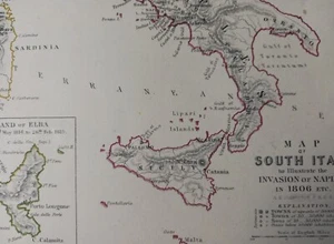 Invasión de Nápoles 1806 por Francia. Mapa antiguo de las guerras napoleónicas de 1855. Sur de Italia - Imagen 1 de 4