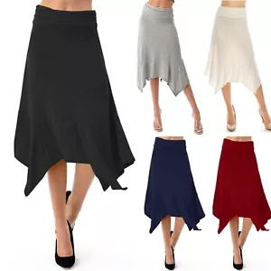 Womens Flowy Handkerchief Hemline Midi Skirt Rayon Solid & Print Skirt S ~ XL - Picture 1 of 46