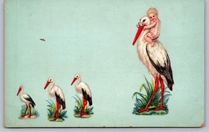 AK Baby Mädchen reitet Storch mit Brille Baby Ankündigung Fantasy - Bild 1 von 2