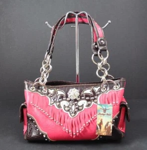 Borsa a tracolla Heritage West rosa fucsia frange strass concho borchie B10 - Foto 1 di 12