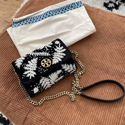 BOLSO DE TERCIOPELO TORY BURCH WILLA Negro Blanco Bordado Piedra Floral Bolso de Hombro X Foto 1 de 4