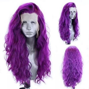 Synthetic Wigs Purple Long Kinky Curly Glueless Lace Women Heat Resistant Fiber - Picture 1 of 25