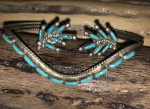 NativeAmerican•Zuni. NEEDLEPOINT-SET Bracelet&Earrings•. Sterling&Turquoise. - Picture 1 of 5