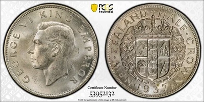 Nueva Zelanda, 1937 Jorge VI Media Corona. PCGS MS 64. 672.000 Vintage. Foto 1 de 3