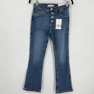 Zara Jeans Womens 13-14 Blue Flare Fit 164 Denim High Rise Button Fly Adjustable - Picture 1 of 18