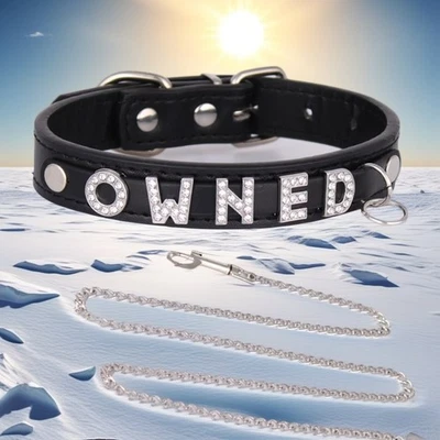 Necklace Rhinestone BDSM Gift Collar Custom Black Pu Leather Choker Chocker N7 - Image 1 of 4