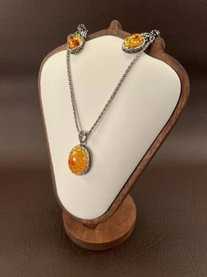 925 Silver Honey Resin Earrings and Necklace Set - Image 1 of 4