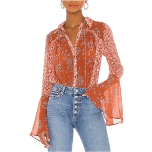 Free People Serena Printed Blouse Rust Combo Floral Orange Size Medium Summer - Picture 1 of 16