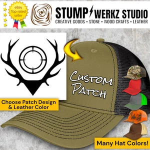 Custom Hat Trucker Baseball Cap Richardson Leather Patch Hunting Gunsight Antler - Picture 1 of 21