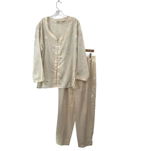 Vtg Victoria Secret Cream Satin Pajamas Women's Large Button Top Elastic Pant - Picture 1 of 8