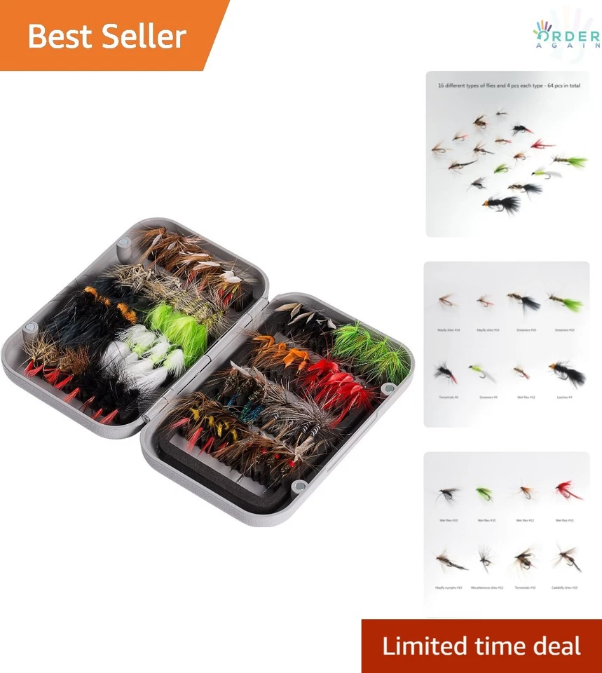Fly Fishing Assorted Flies Kit Pack of 64 Pcs Lure Including Dry Wet Nymphs Stre