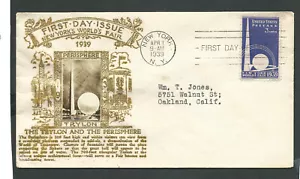 FUNDA DEL PRIMER DÍA, Scott 853, fecha 1939, FERIA MUNDIAL DE NUEVA YORK, CACHÉ DORADO - Imagen 1 de 1