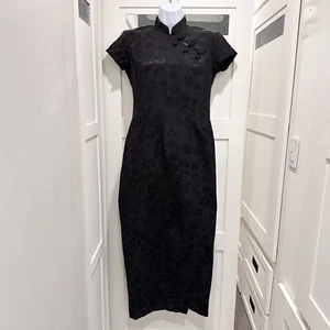 Vtg Rampage Maxi Dress Medium 90s Black Floral Asian Fitted Sexy Vamp Leg Split - Picture 1 of 9