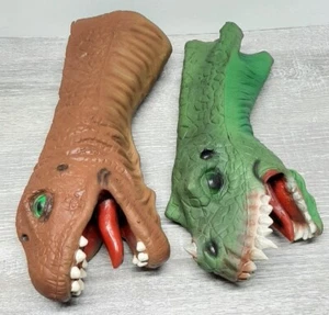 90s Rubber Dinosaur Hand Puppets Vintage Set of 2 Mask Illusions Green Brown - Picture 1 of 13