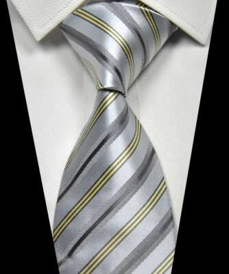Nueva corbata clásica a rayas gris plata beige 100 % seda para hombre 3,15""8 cm Foto 1 de 2