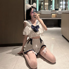 Lady Pajama Jk Uniform Top+Skirt Elastic Waist Sailor Collar Bow Tie Ruffle Sexy