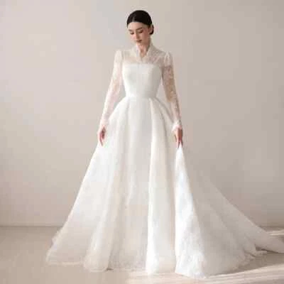 Elegant Princess Wedding Dresses High Neck Long Sleeve Lace Applique Sweep Train - Image 1 of 4