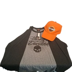 HARLEY-DAVIDSON Damen Large T-Shirt 2-farbig Langarm - Orange Mütze Neu - Bild 1 von 7