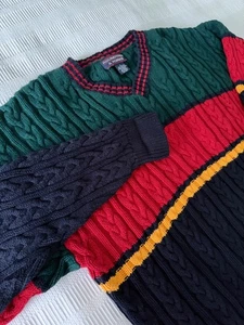 Roundtree & Yorke Vintage Y2K Farbblock V-Ausschnitt Zopfmuster Pullover Herren L - Bild 1 von 7