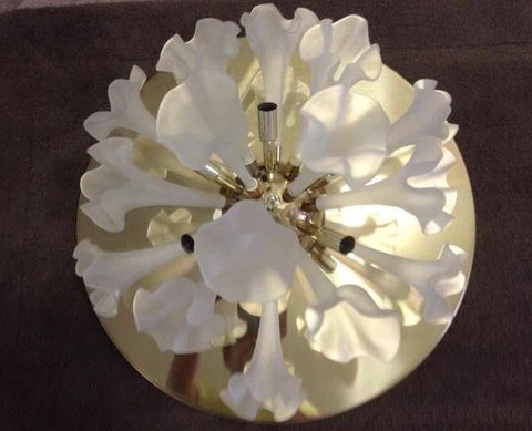 VINTAGE MURANO FLUSH MOUNT CHANDELIER Brass Frosted Art Glass Lily Sputnik 24” Cover