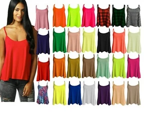 Ladies New Camisole Cami Plain Strappy Swing Vest Top Flared Sleeveless T - Picture 1 of 34