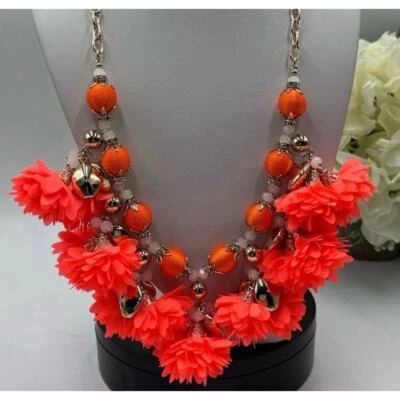 Nuevo Collar Largo Lilly Pulitzer Tangero Tela Naranja Colgante Flor Rosa Cuentas Foto 1 de 4