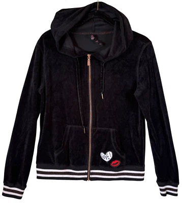 Betsey Johnson Hoodie Size Large Black Velour Full Zip Jacket Vintage Y2K - Image 1 of 4