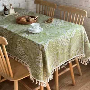 Green Flowers Embroidery Vintage Elegant Tassels Tablecloth Mesh Dining Table - Picture 1 of 27