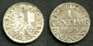 1839 Billon Coin Choice Brilliant Uncirculated Canton of Geneva One Centime - Picture 1 of 1
