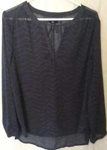 Gap Women's Top Size M Dark Blue Sheer Tunic Long Sleeve Tie Neck Blouse Hi Low - Picture 1 of 4