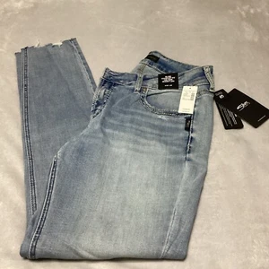 NUEVO Jeans ajustados plateados Elyse tiro medio para mujer 30x29 azul índigo lavado cómodos - Imagen 1 de 2
