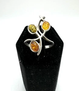 Baltic Amber Tri Color Stone Sterling Silver .925 Crawler Leaf Vine Ring Size 8 - Picture 1 of 6