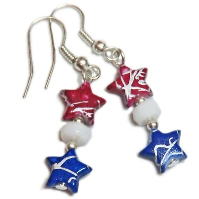 Patriotic 4th of July Silver Plated Acrylic Star Bead Earrings By SoniaMcD - Image 1 of 4