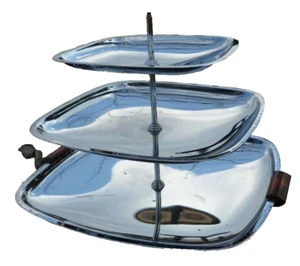 Glo-Hill Gourmates 3 Tier Snack Serving Tray Chrome Red Bakelite MCM Vintage - Picture 1 of 12