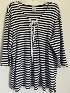Just My Size 3X Blue White Striped Cotton Lace Up Top - Picture 1 of 9