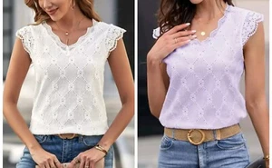 V Neck Lace Blouse / Shirt, Cap Sleeve Eyelet Women's Size M, L, XL - L20 (MP) - Picture 1 of 20