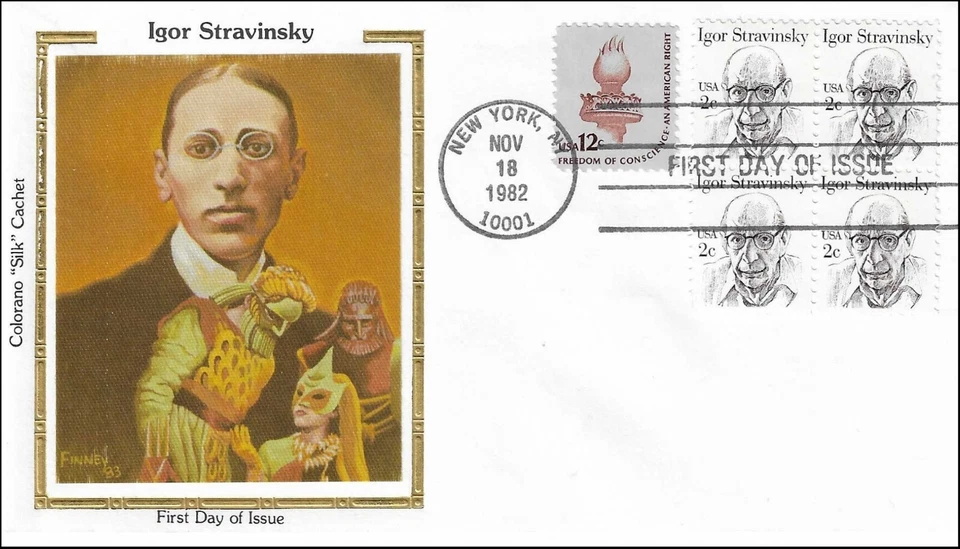 Igor Stravinsky Famous Russian Composer USA 1845 Gold Colorano Silk FDC 1982 - Image 1 of 1
