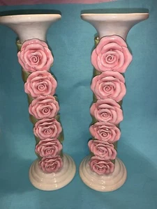 VTG 2 Capodimonte? Style Floral Porcelain Candle Sticks Hand Painted Pink Rose - Picture 1 of 3