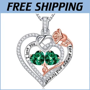 925 Sterling Silver Double Birthstone Heart Necklace - Perfect Mother's Day Gift - Picture 1 of 10
