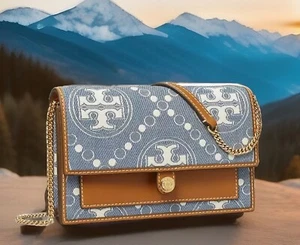NUEVO CON ETIQUETAS AUTÉNTICO Tory Burch T Monograma Denim Cadena Cartera Bandolera Bolso Denim - Imagen 1 de 17