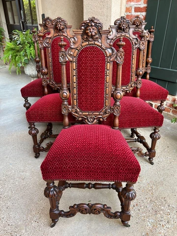 Set 6 Antique French Dining Chairs Renaissance Carved Oak Lion Baroque Louis XIV Cover