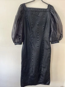 Vintage 1980s L Square Neck Low Back Large Puff Sleeves Taffeta Midi Dress - Picture 1 of 19