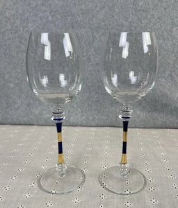 Vintage mundgeblasene MUNDGEBLASEN gestreifte Stiel Weingläser (2) 9,5” x 2,5” blau/gold - Bild 1 von 5