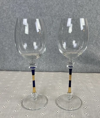 Vtg Mouthblown MUNDGEBLASEN Striped Stem Wine glasses (2) 9.5” x 2.5” Blue/Gold - Image 1 of 4