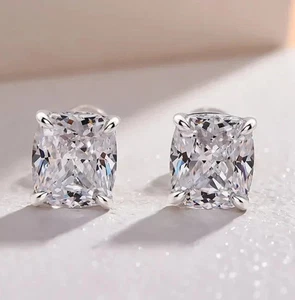 14K White Gold Over 2Ct Cushion Cut Lab Created Diamond Stud Earrings for Women - Picture 1 of 2