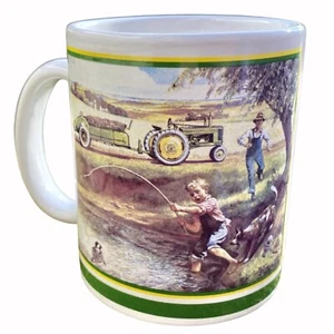 John Deere Kaffeebecher Mid Century Bauernhof Szene Junge & Hund Angeln fängt eine Schildkröte - Bild 1 von 7